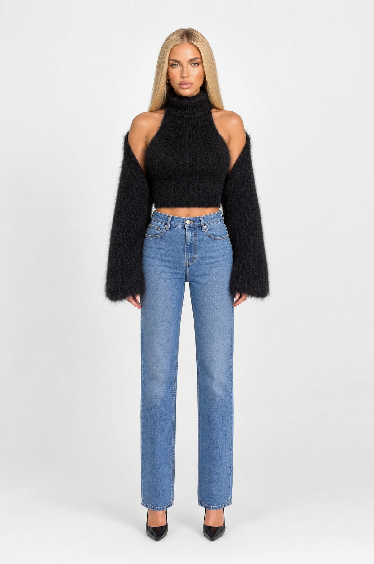 Angel Fluffy Knit Two-Piece in Black, front view