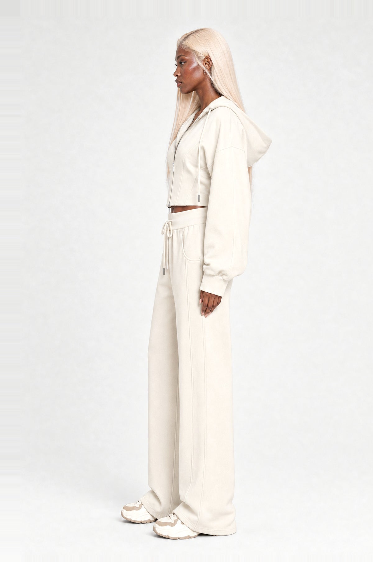 Clapham Cropped Hoodie Set in Cream, side profile