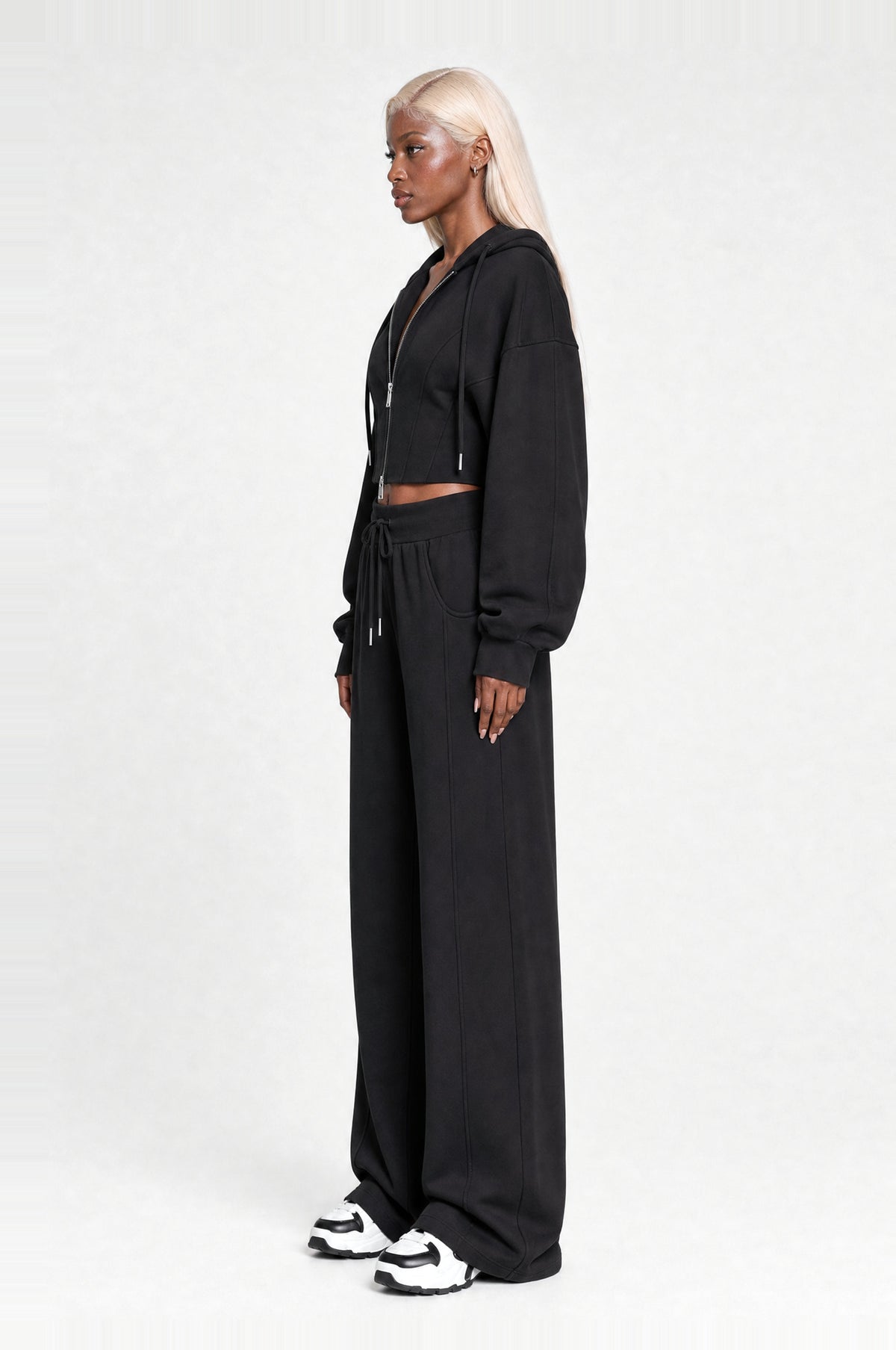 Clapham Cropped Hoodie Set in Black, side profile