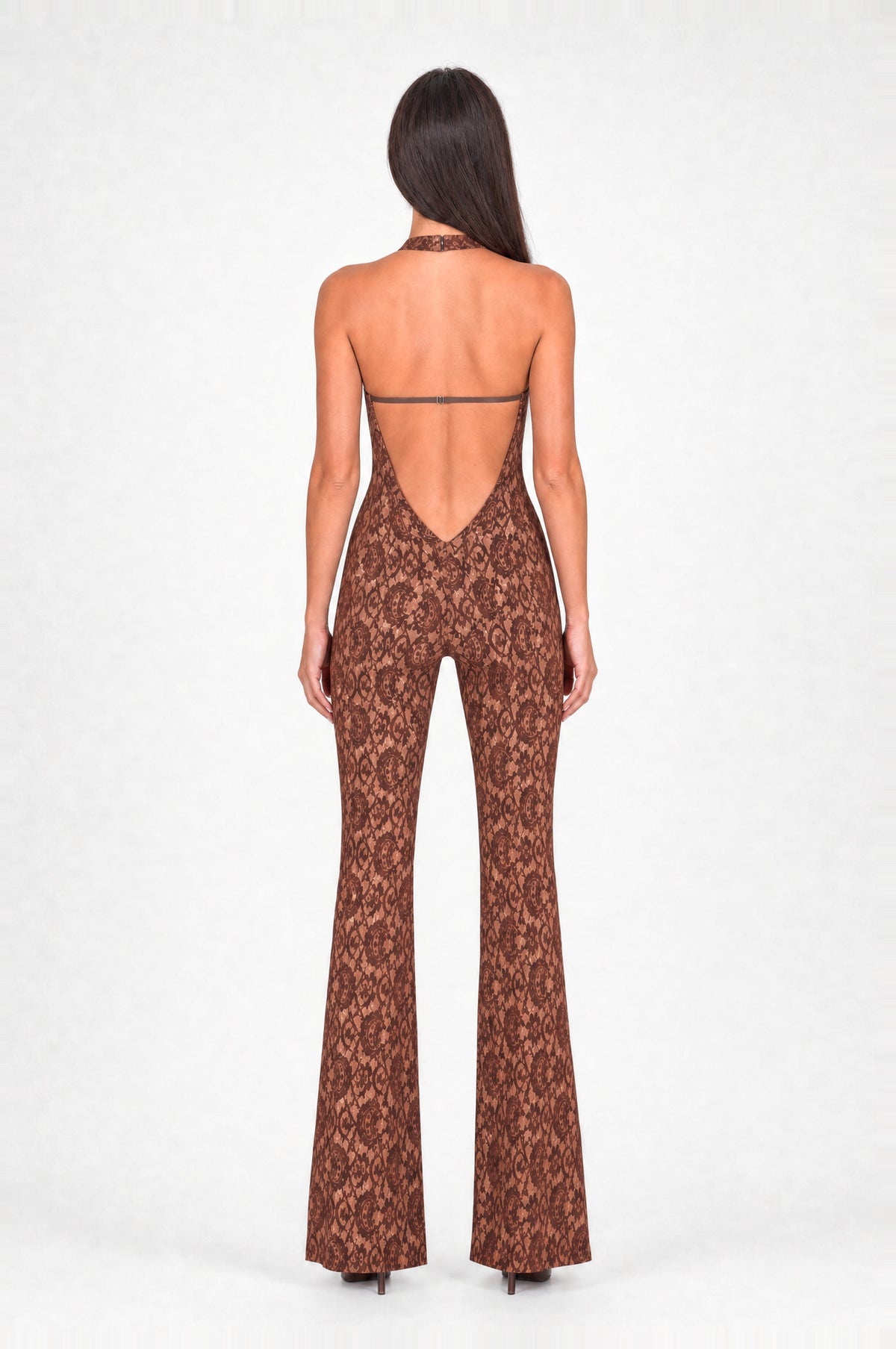 The Kew Lace Halter Jumpsuit in Coffee, back
