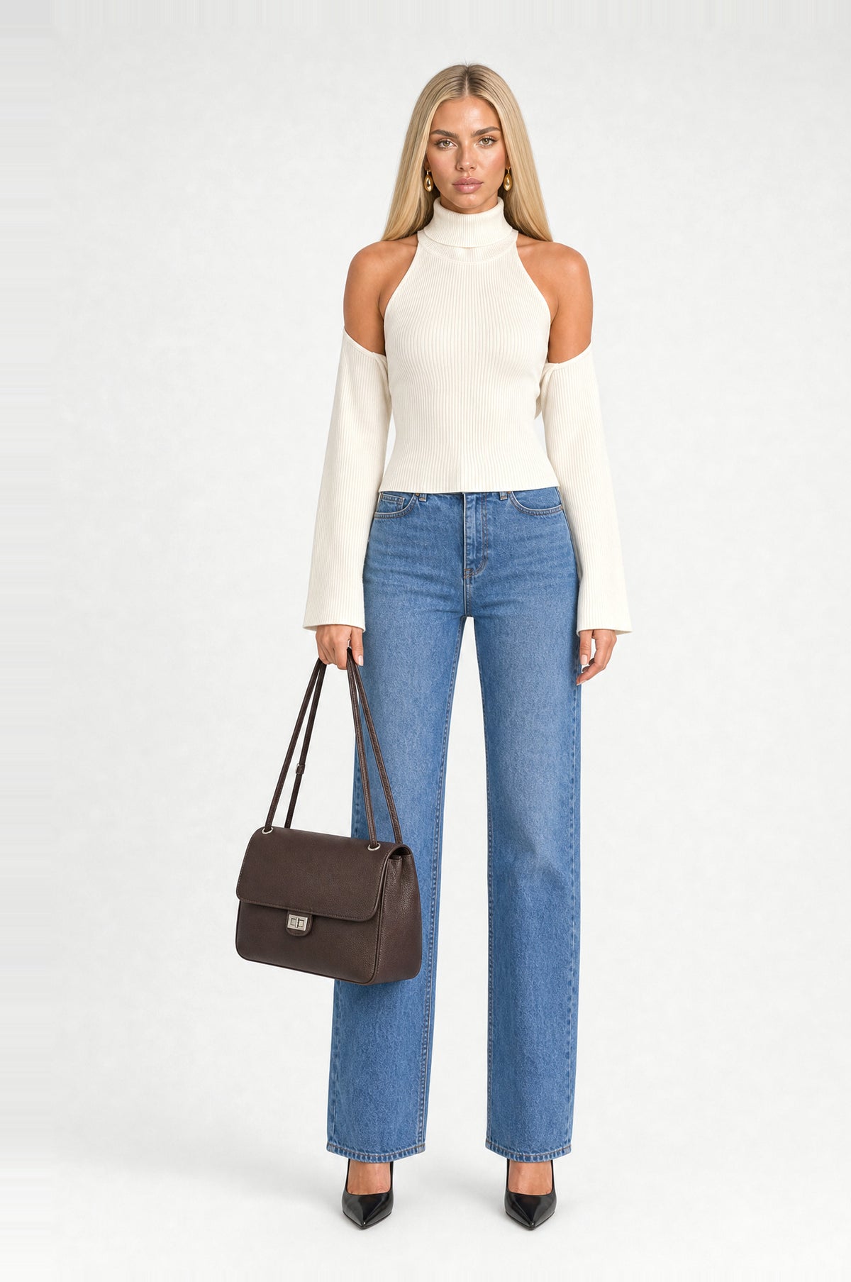 Canonbury Flap Shoulder Bag in Coffee, worn