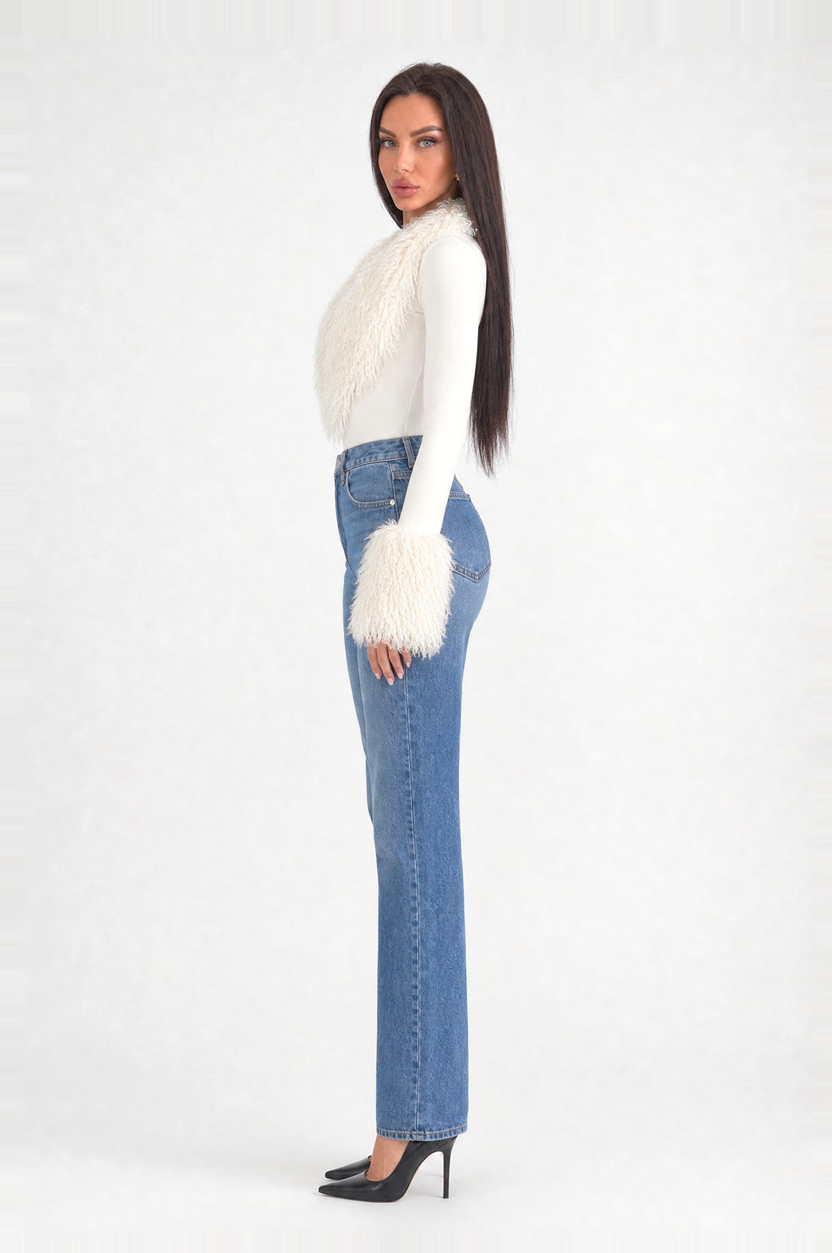 The Highgate Faux Shearling Bodysuit in Cream, side, looking at camera