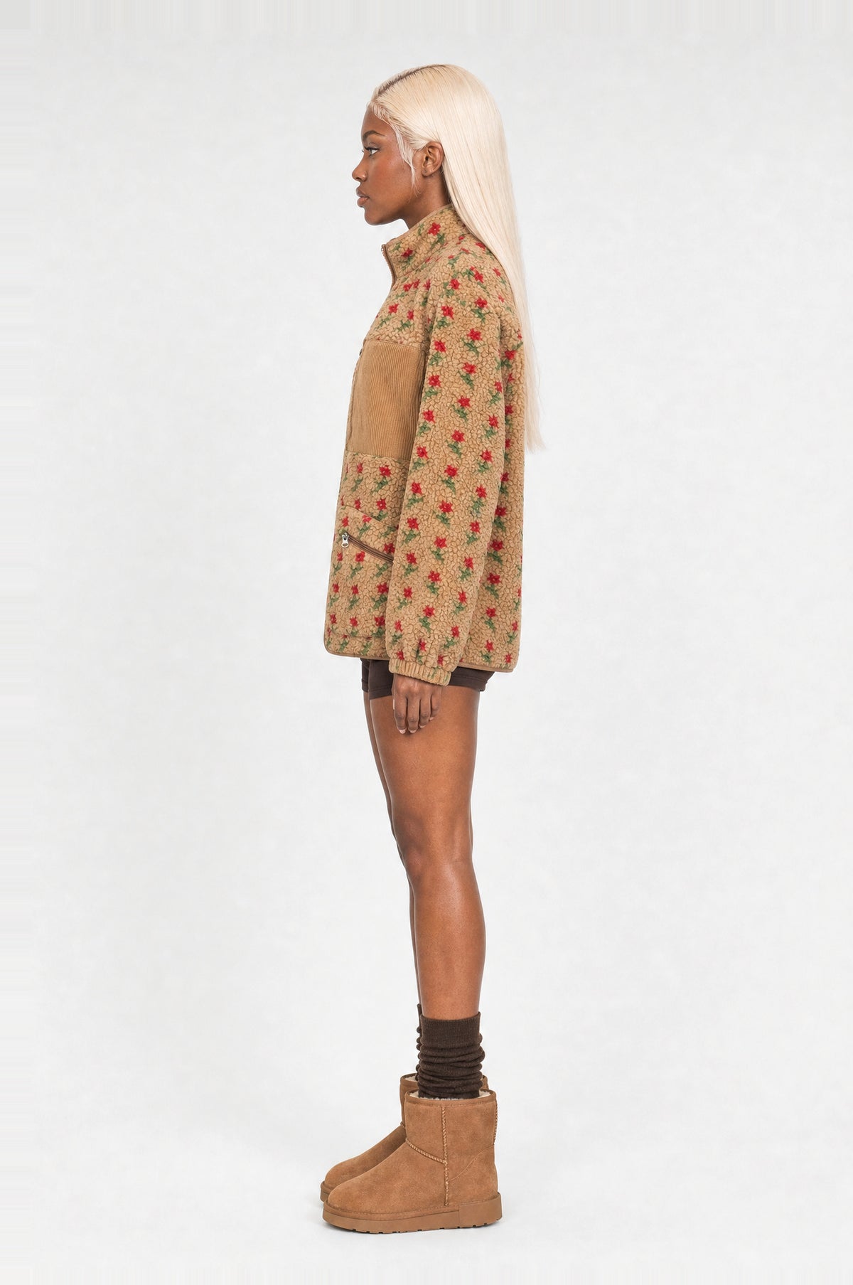 Primrose Fleece Jacket in Camel Rose, side profile