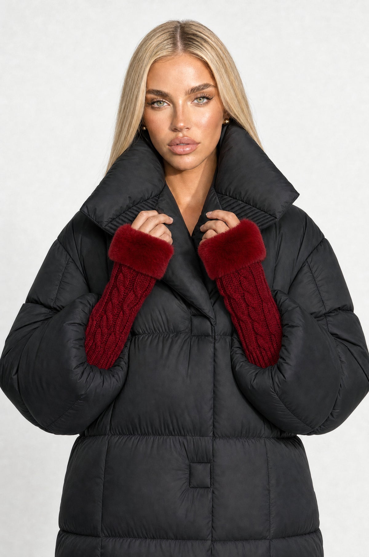 Hoxton Cable-Knit Fingerless Gloves in Burgundy, styled close-up