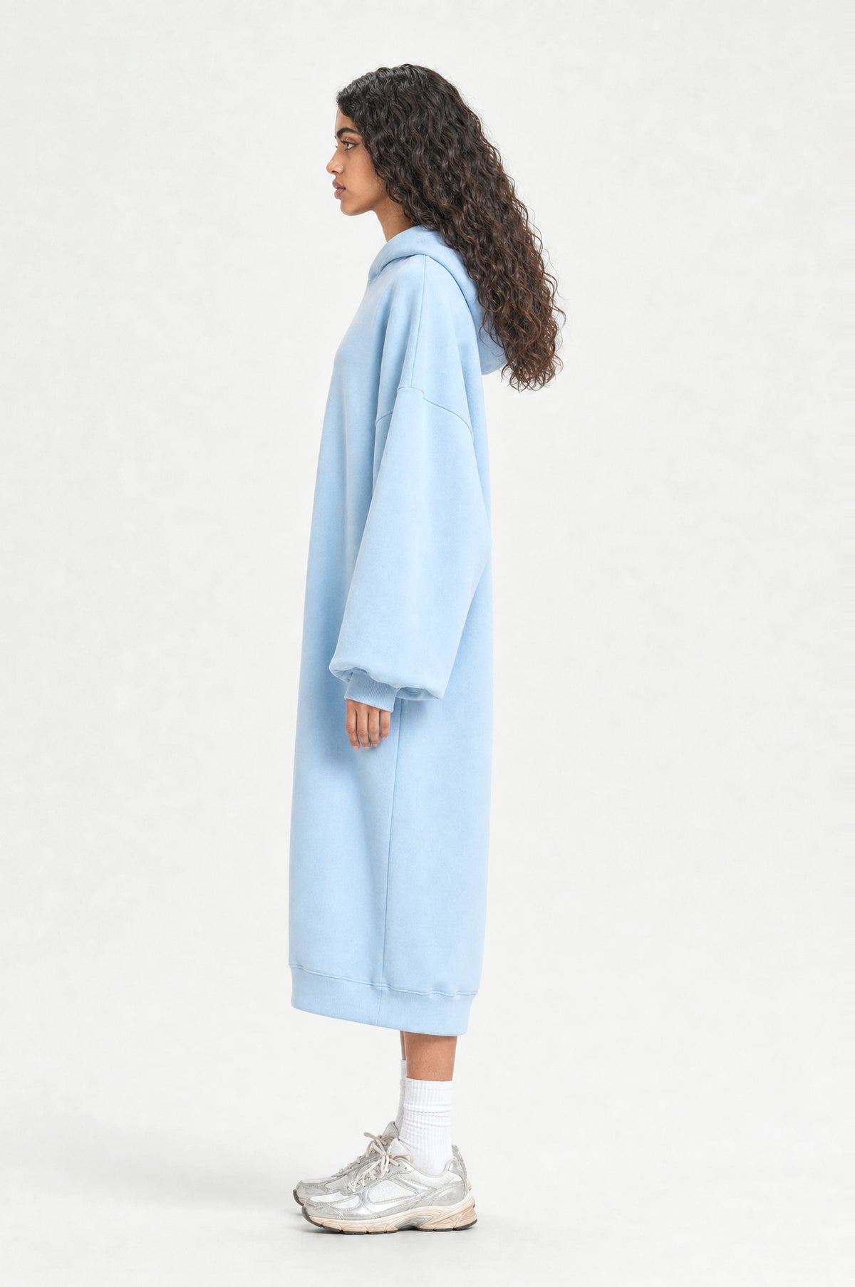 The Camden Hoodie Dress in Light Blue, side profile