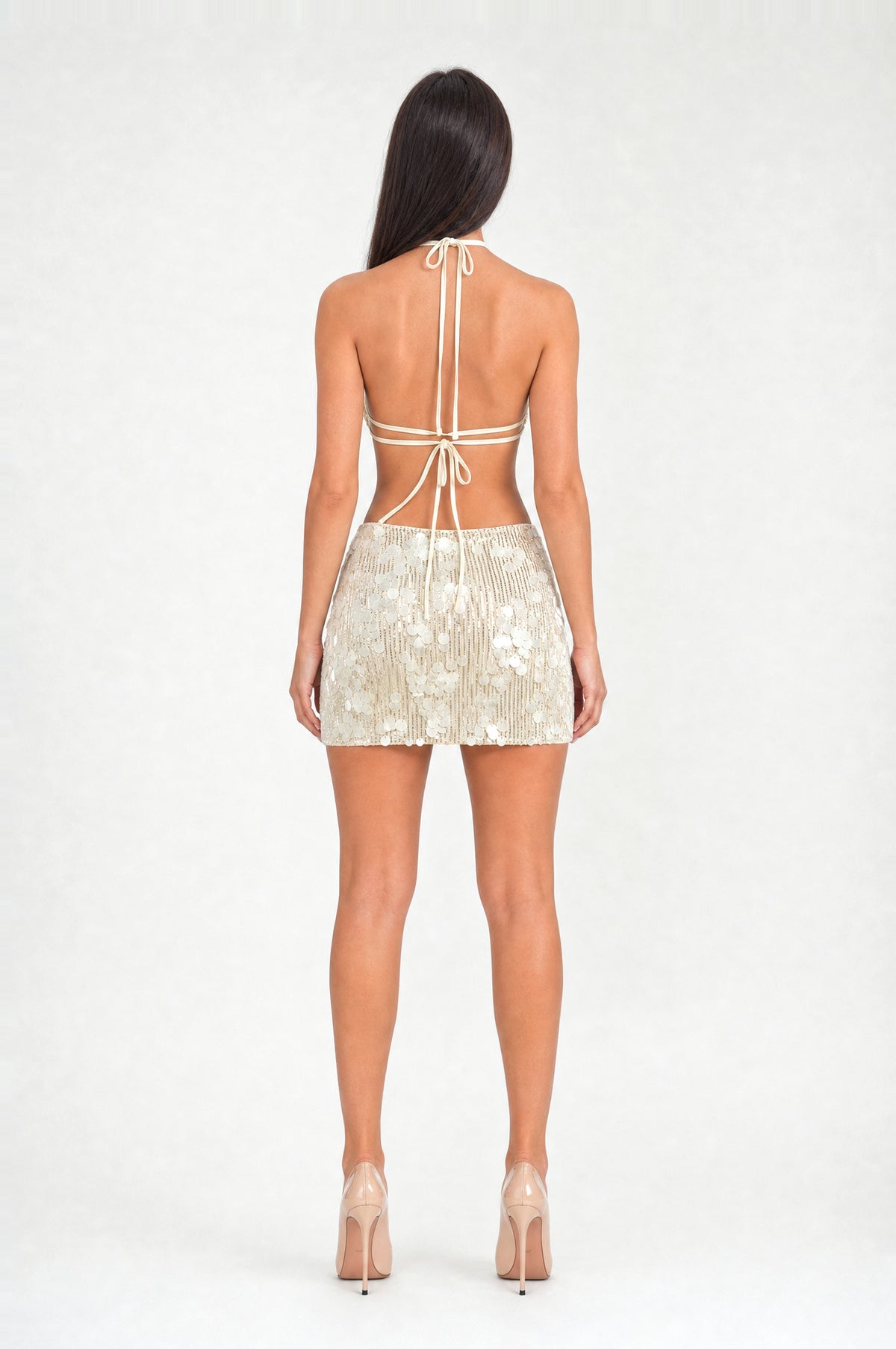 The Holborn Sequin Halter Mini Dress in Champagne, back
