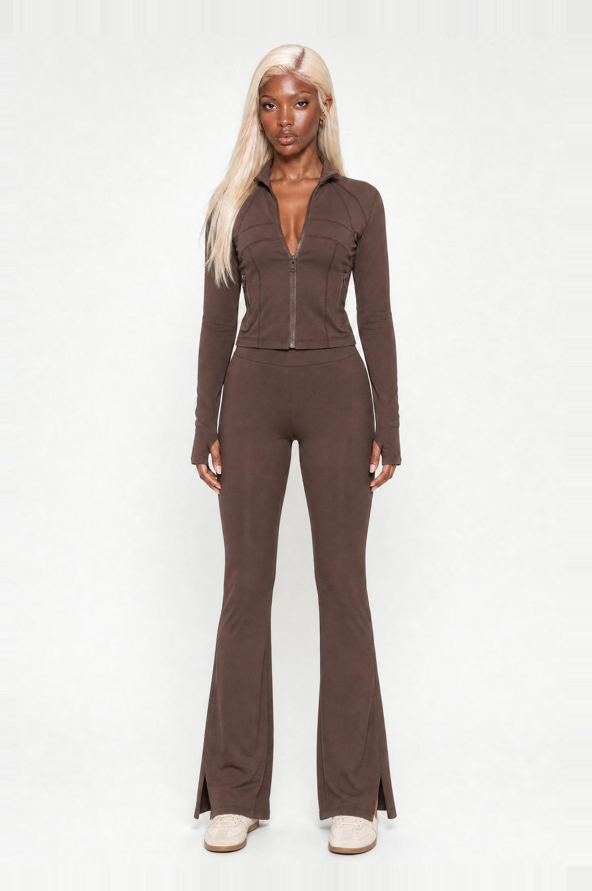 Peckham Flare Two-Piece Set in Coffee, front view