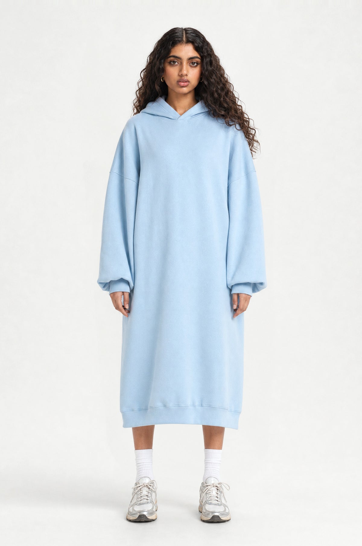 The Camden Hoodie Dress in Light Blue, front