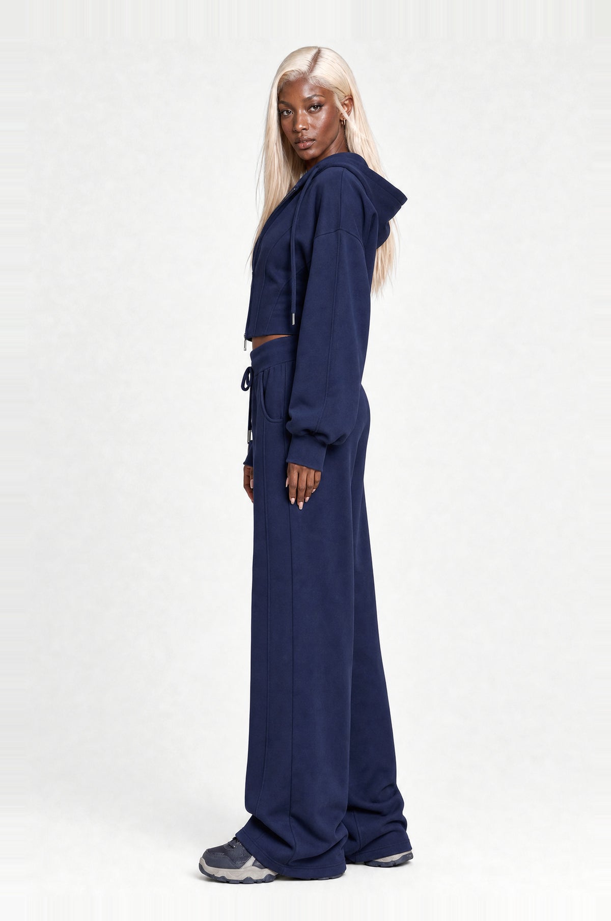 Clapham Cropped Hoodie Set in Navy, side