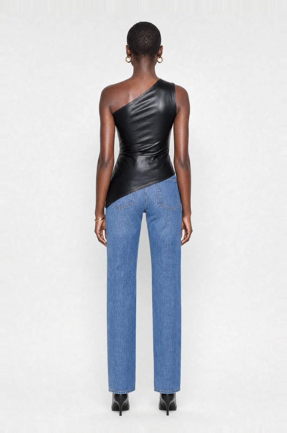 Aldgate Leather-Look One-Shoulder Top in Black, back