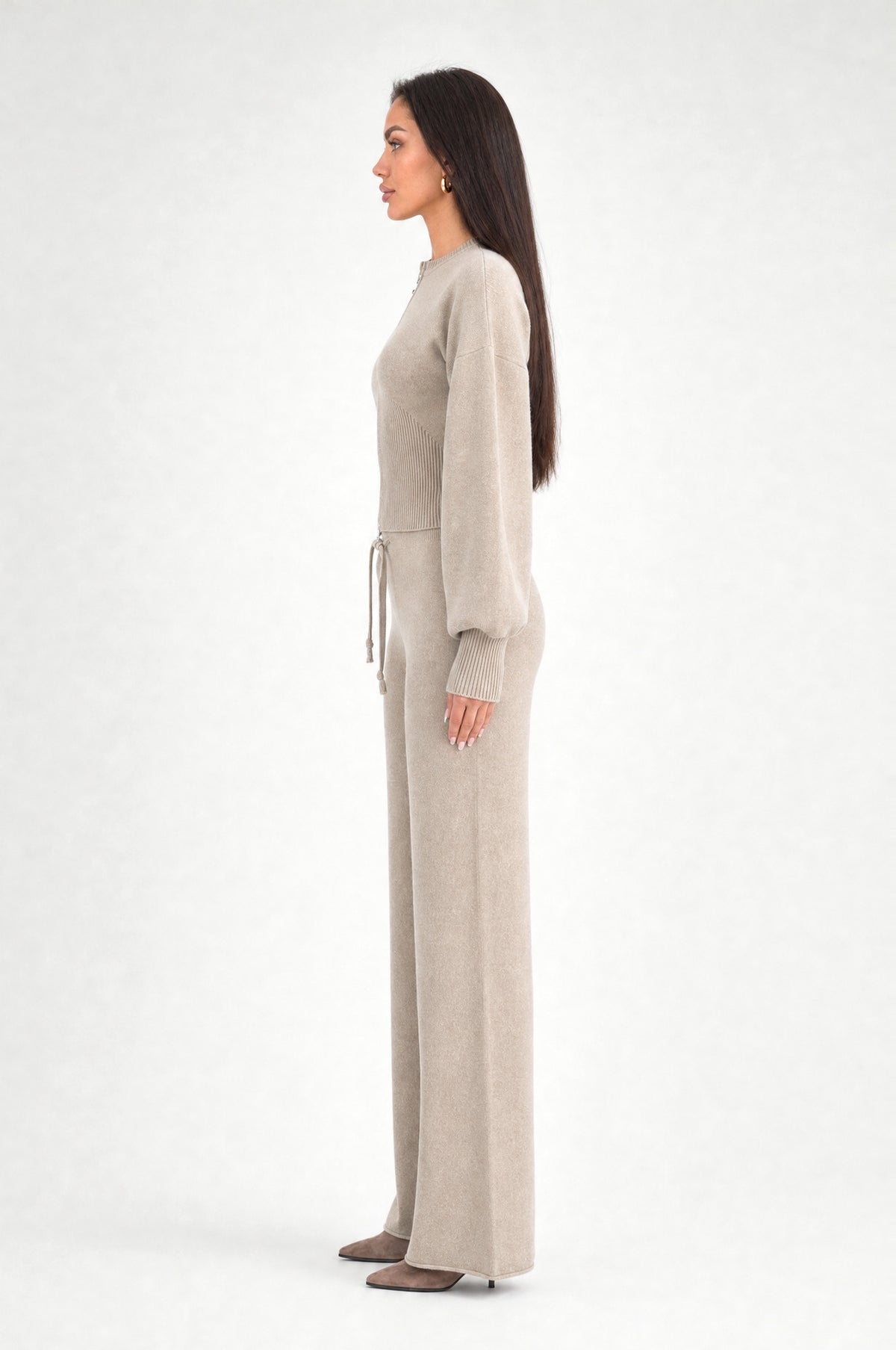 Euston Knitted Zip-Up Set in Apricot, side profile