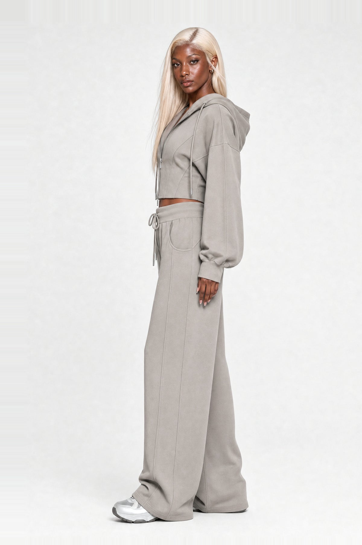 Clapham Cropped Hoodie Set in Grey, side