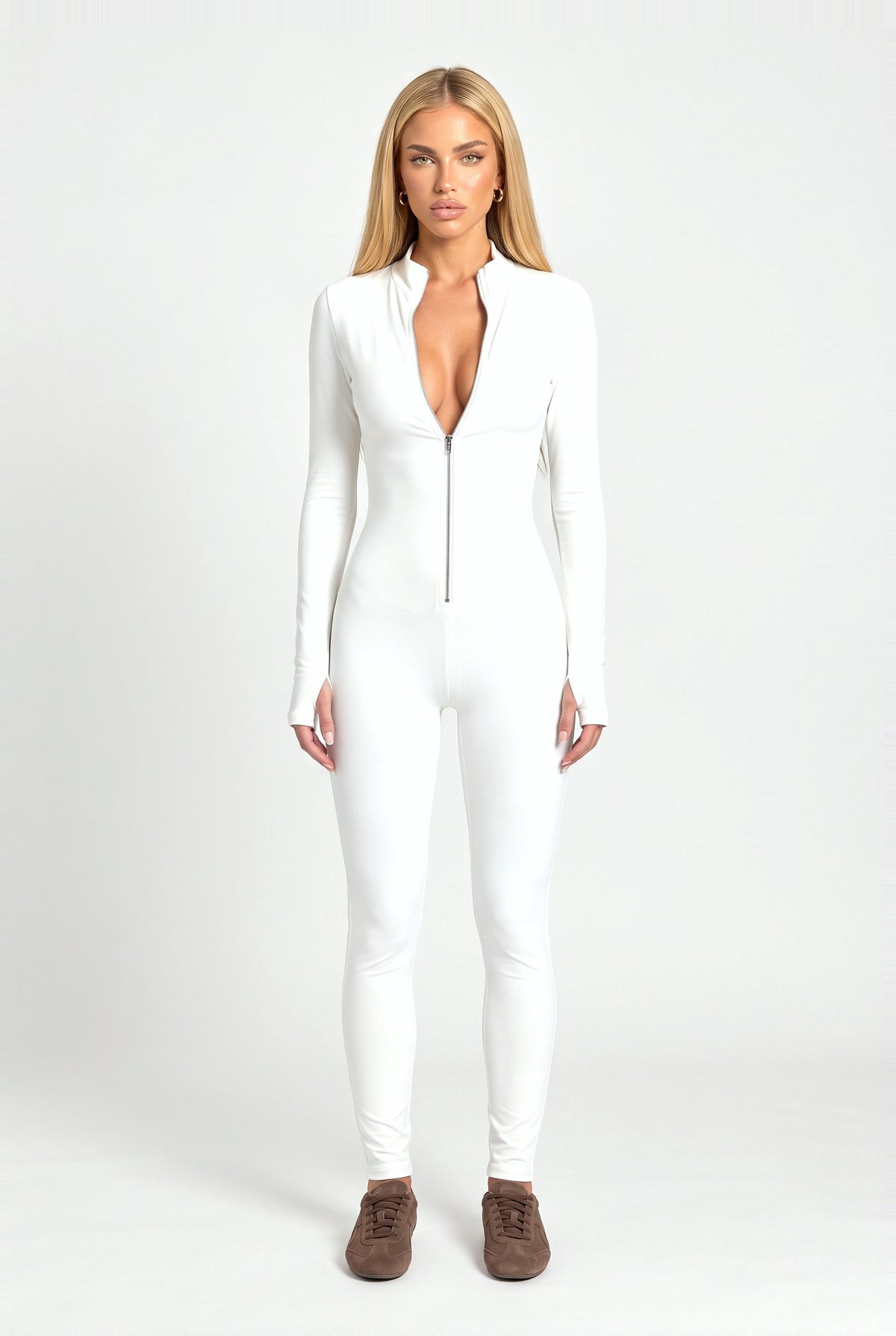 Dalston Zip Jumpsuit in White, front view