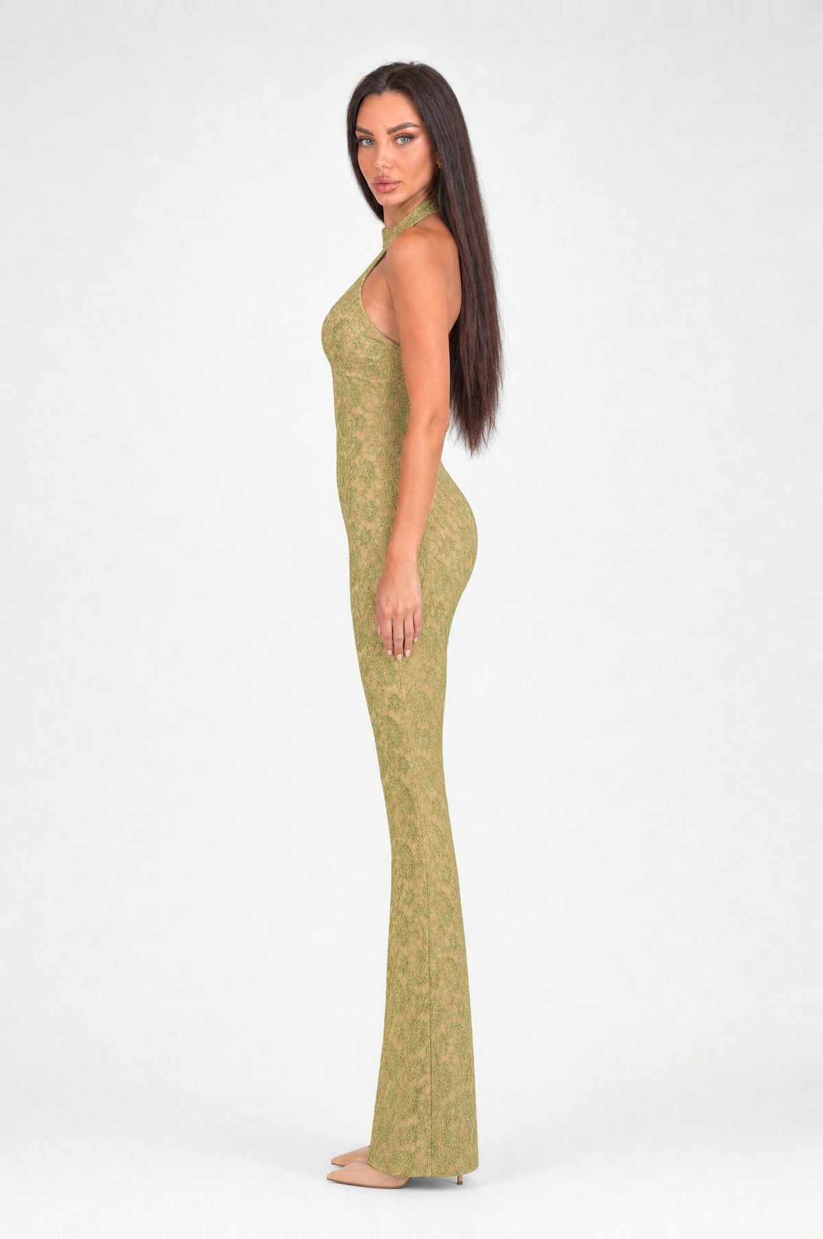 The Kew Lace Halter Jumpsuit in Green, side, looking at camera