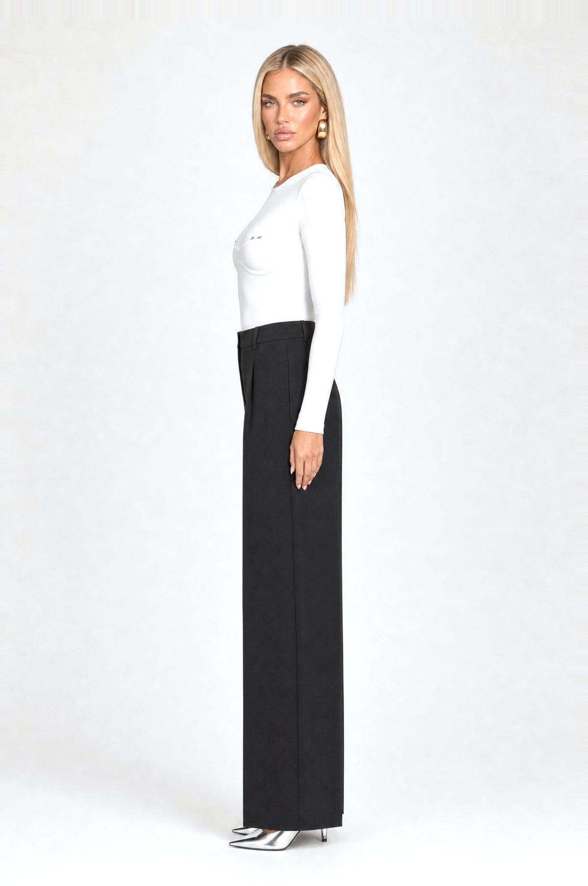 Serpentine Bodysuit in White, side view looking back