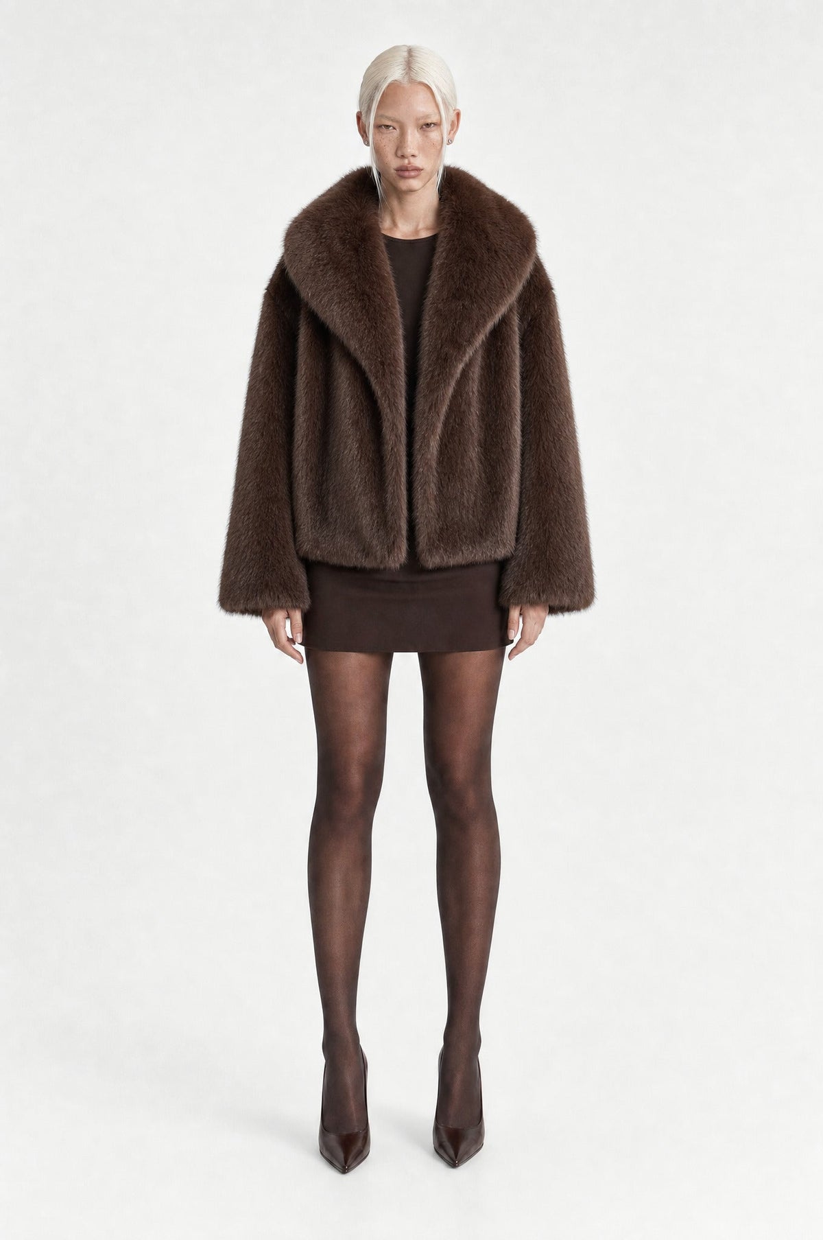 The Belgravia Faux Fur Jacket in Coffee, front