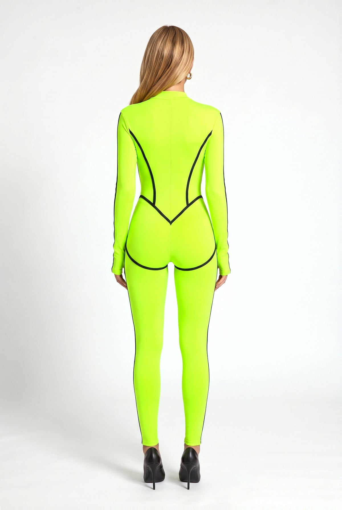 Stockwell Printed Catsuit in Neon Green & Black, back view