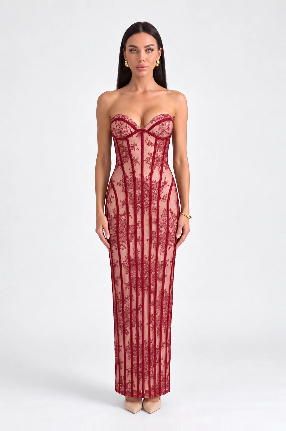 Fitzrovia Lace Corset Maxi Dress in Red, front