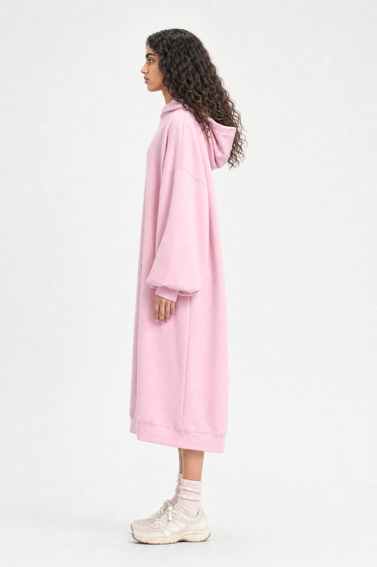 The Camden Hoodie Dress in Pink, side profile