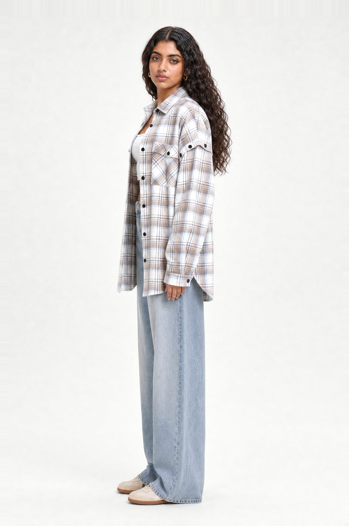 Brockley Check Shirt in White & Blue Check, side view looking back