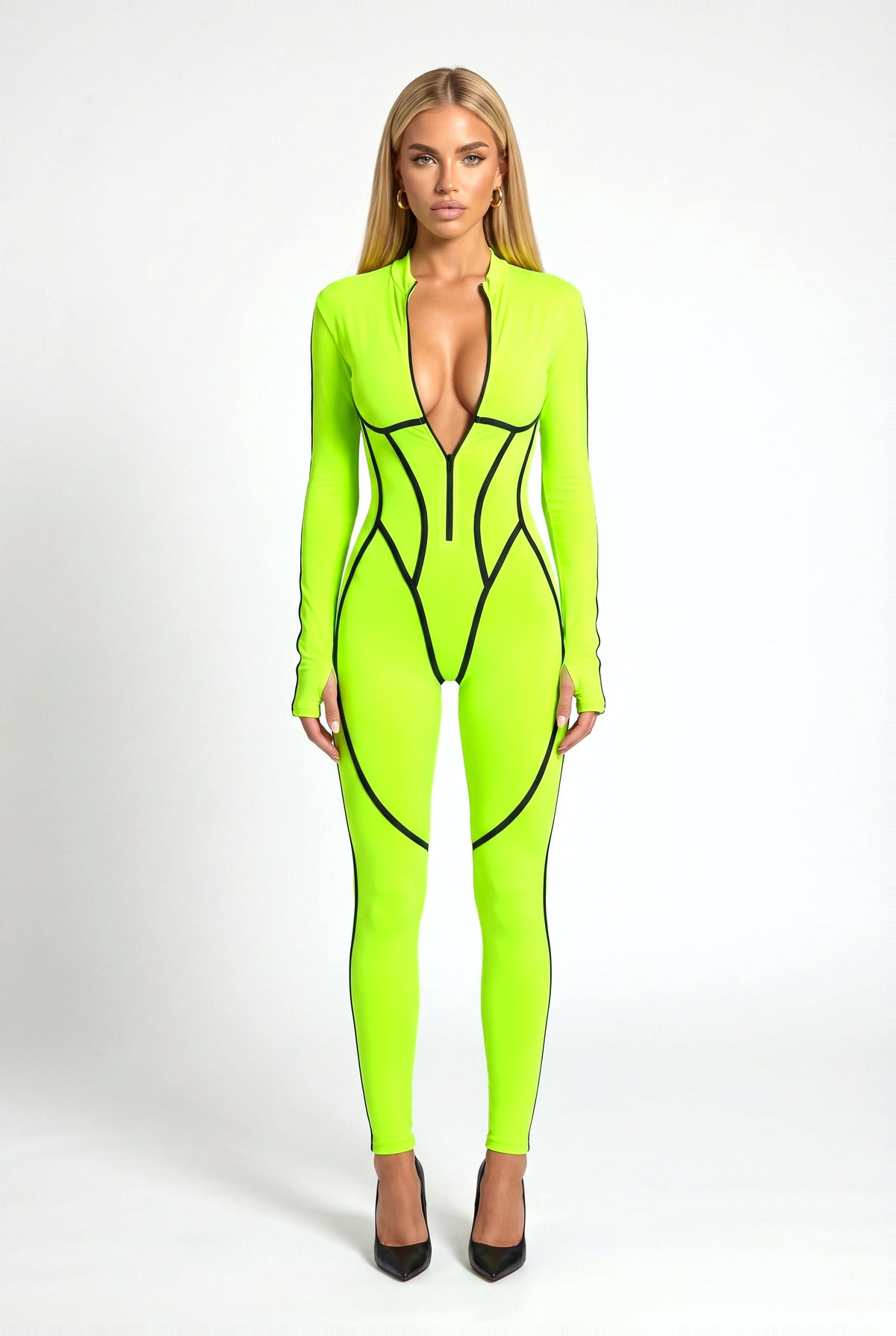 Stockwell Printed Catsuit in Neon Green & Black, front view