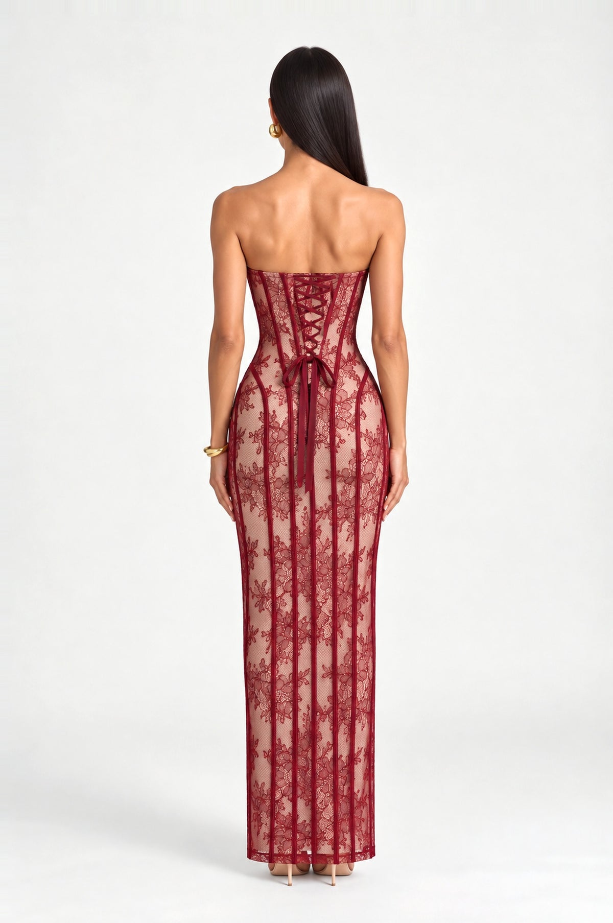 Fitzrovia Lace Corset Maxi Dress in Red, back