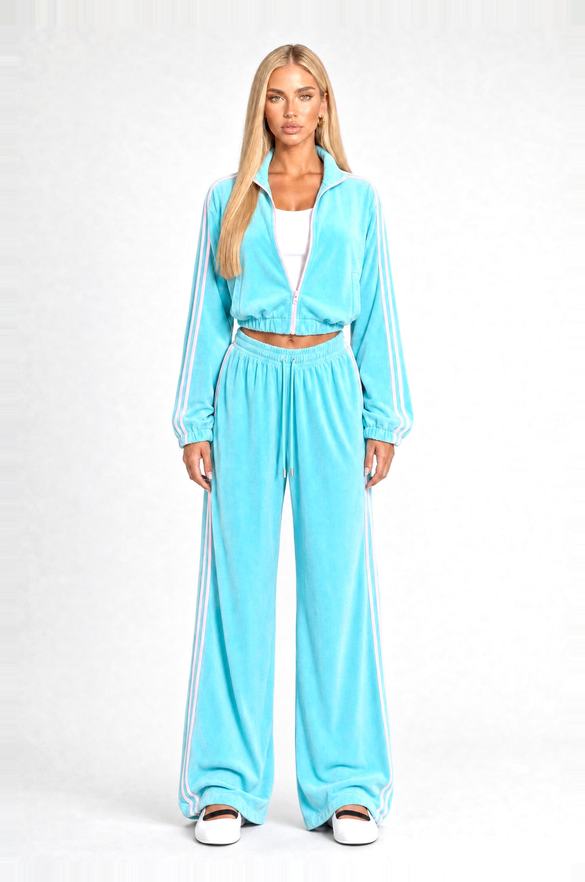 Bermondsey Velour Tracksuit in Aqua, front view