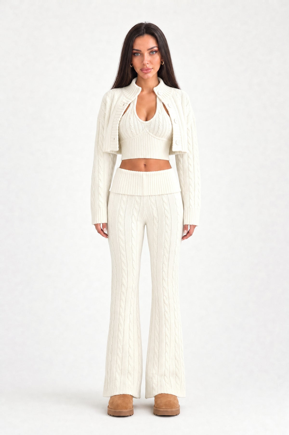 Belsize Cable-Knit Three-Piece Set in Ivory, front