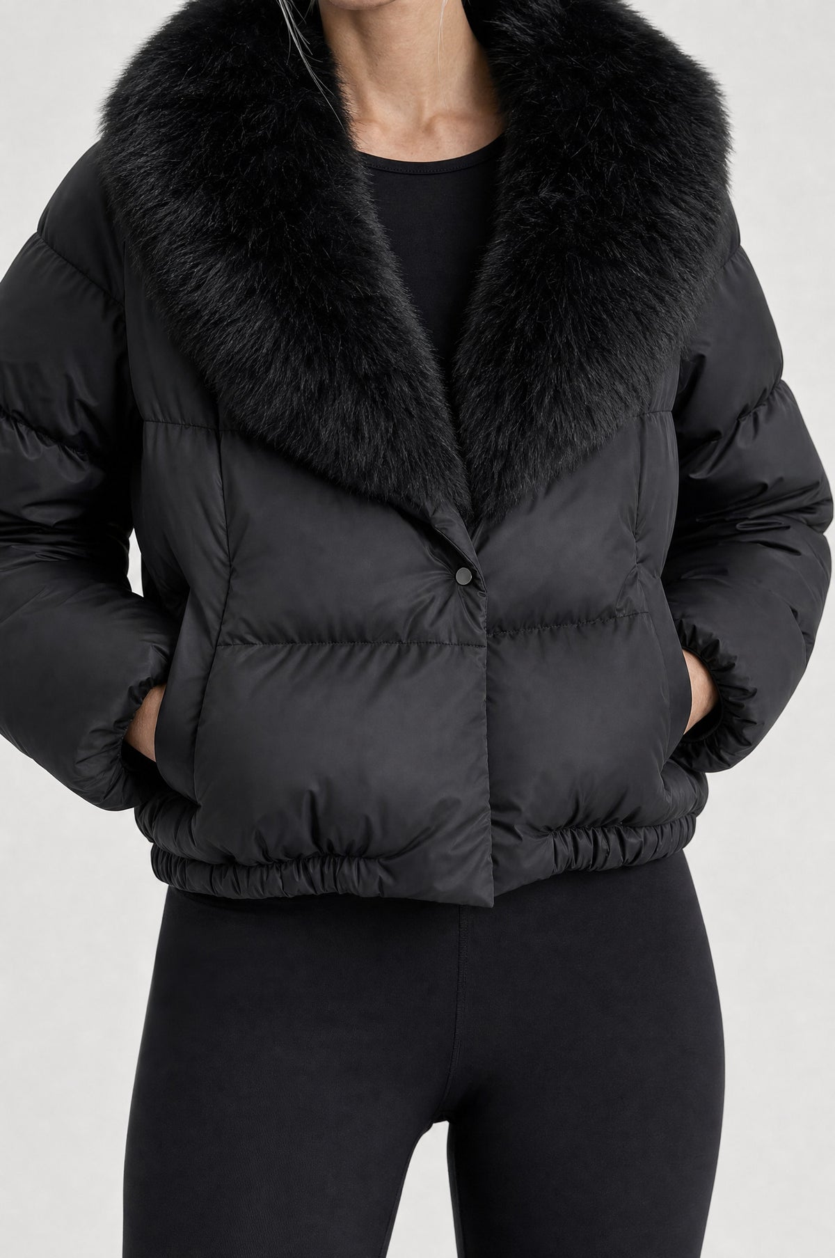 The Hampstead Padded Jacket in Black, faux-fur collar detail