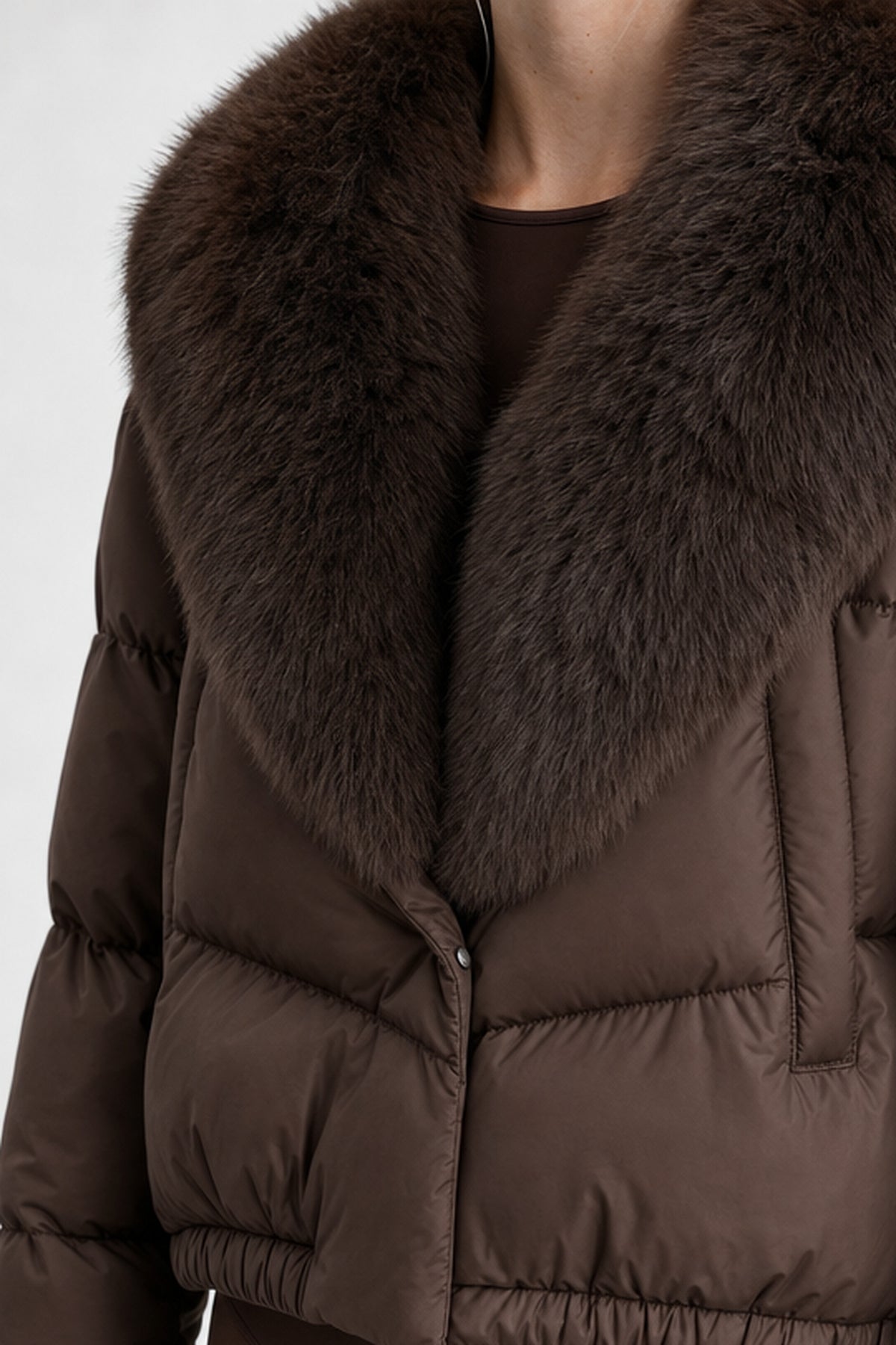 The Hampstead Padded Jacket in Coffee, faux-fur collar detail